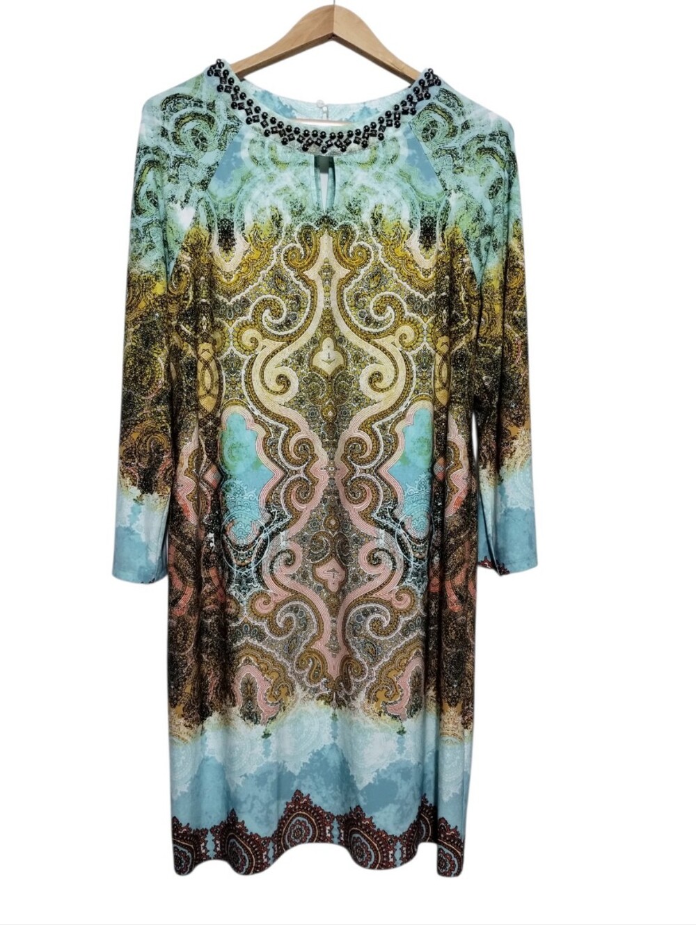Chicos Paisley Cold Shoulder Open Sleeve Studded Shift Dress Women L/2 Boho